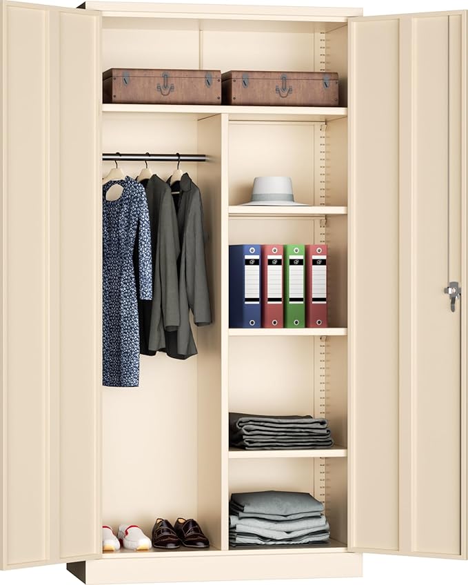 INTERGREAT Metal Wardrobe Closet, 72" Locking Storage Wardrobe Cabinet with Doors and Shelves, 18 "D Steel Clothes Storage for Office, Home, School, Gym (Warm Grey)