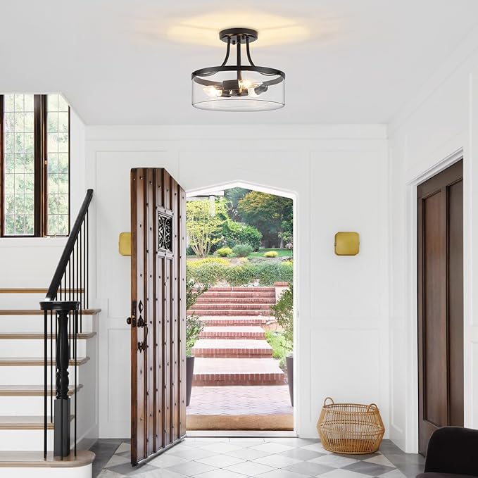 11.81" Black Semi Flush Mount Ceiling Light, Modern Glass Light Fixture, Industrial Hallway Light, 3-Light Close to Ceiling Light Fixtures for Entryway Bedroom Kitchen Laundry Dining Room, UL Listed