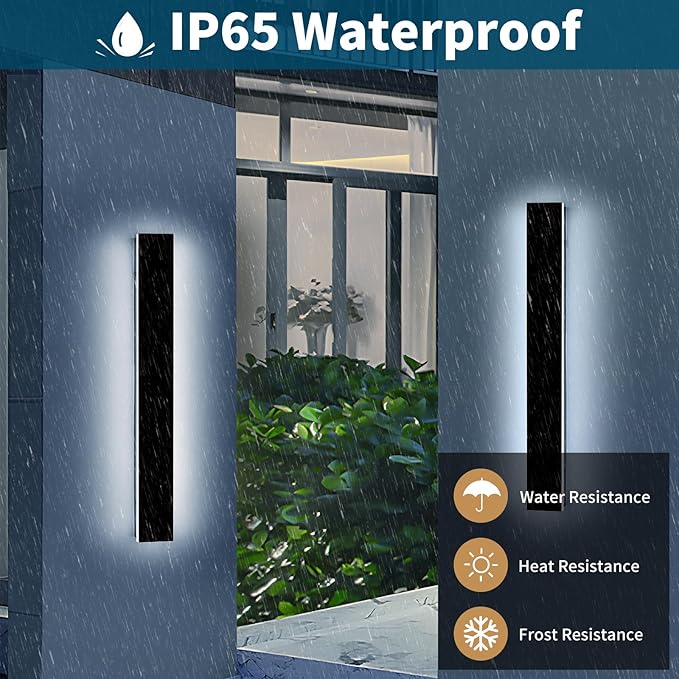 2 Pack 23.6inch Long Outdoor Led Wall Lights, IP65 Waterproof Black Outside Porch Lights, 6000K Cold White, 24W, Modern Exterior Wall Sconces Lighting for Garage, Patio, House, Garden