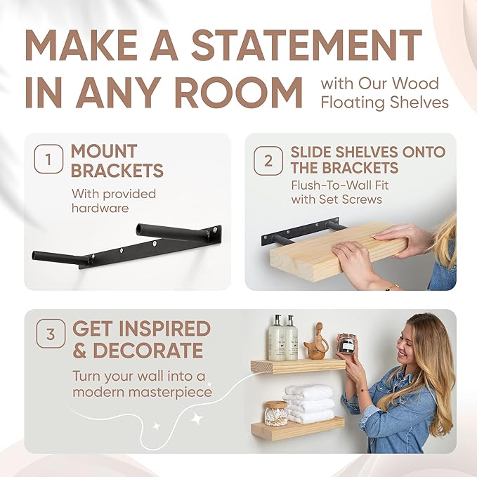 Homeforia Wood Floating Shelf 12 inch, High End Solid Natural Wood 12inch Floating Shelves for Wall Mounted, Unfinished Small Wooden Floating Shelves, Heavy Duty Bracket, 12 X 6.5 X 1.75 in, Set of 2