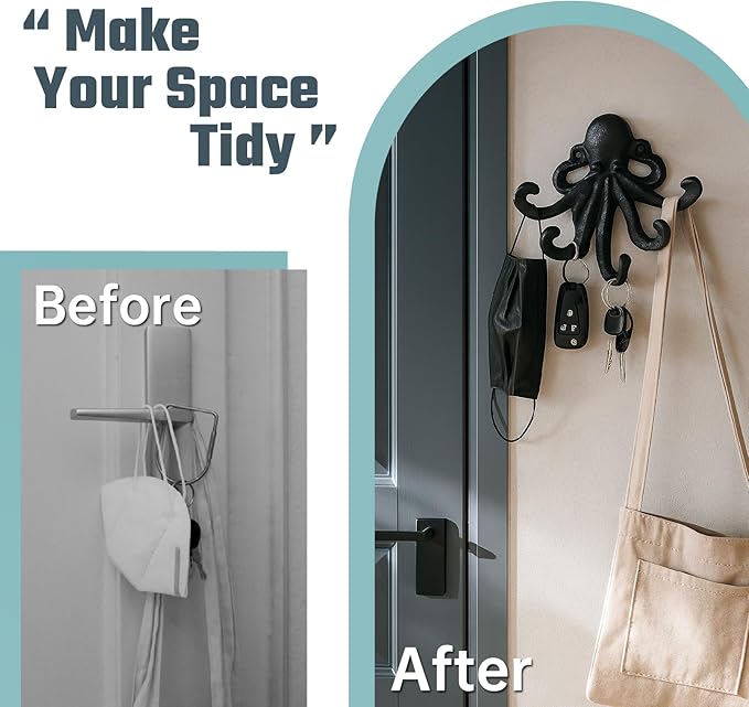 Octopus Cast Iron Wall Hook – Nautical Decorative Key Holder, Coastal Ocean Theme Wall Hanger for Entryway, Bathroom, or Bedroom, Heavy Duty Black Metal Hook