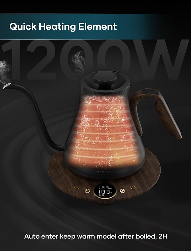 Electric Kettles, INTASTING Gooseneck Electric Kettle, ±1℉ Temperature Control, Stainless Steel Inner, Quick Heating, for Pour Over Coffee, Brew Tea, Boil Hot Water, 0.9L (Glossy Black)