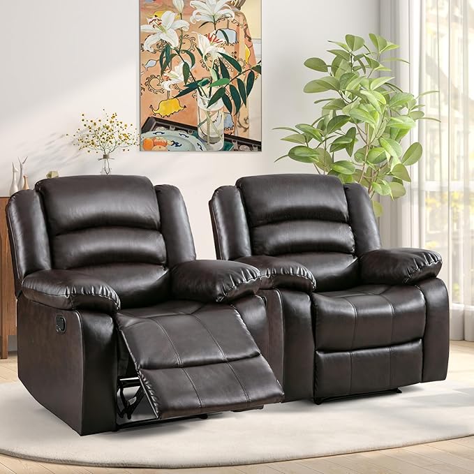 ANJ Manual Recliner Chair Set of 2, Breathable Faux Leather Reclining Chairs with Overstuffed Arm and Back, Living Room Single Sofa Recliners (Dark Brown)