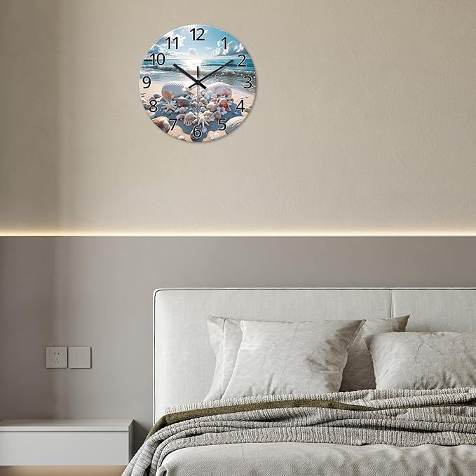 XNM Round Wall Clock Battery Operated 14 Inch Blue Beach Shell Analog Wall Clock for Kitchen Coastal Glass Clock Silent