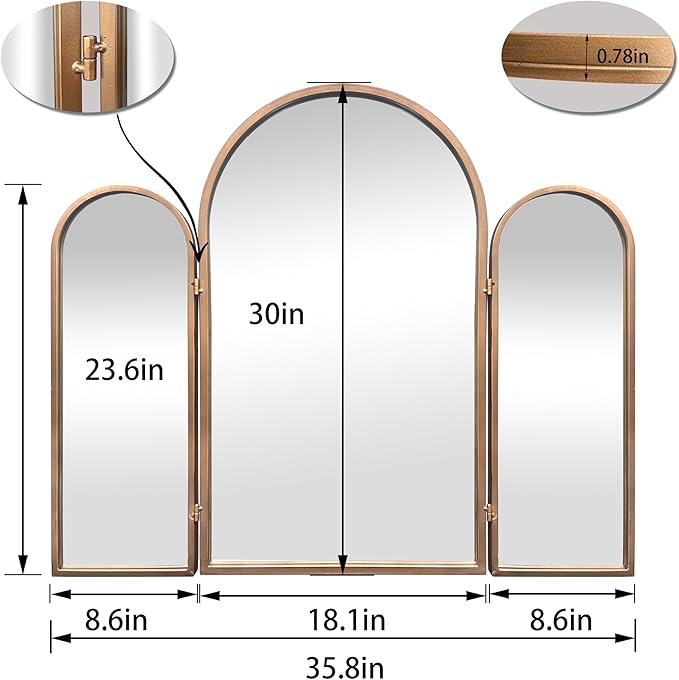 3 Way Mirror Bathroom, Trifold Vanity Mirrors for Bathroom Bedroom, Large Arch Mirrors Decorative Vintage Gold, Adjustable Makeup Mirror for Braiding Hair 360° Way Tabletop & Wall Mounted