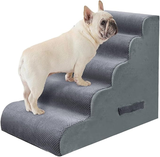 PAWSCART Dog Stairs for Small Pets, 22.8" H with 30D Material Soft Foam, Portable Ramp Non-Slip Surface Non-Slip for Couch and High Bed Climbing, 5-Step Stairs for Cat or Dog, Grey