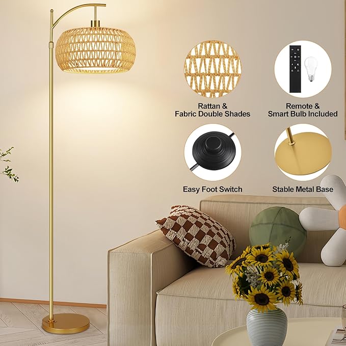 Gold Floor Lamps for Living Room Boho Rattan Floor Lamp with Remote Control & Wicker Lampshades,Vintage Brass Standing Lamp Dimmable Tall Floor Lamp for Bedroom Living Room Corner
