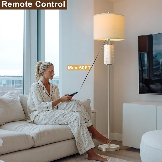 PoKat Ceramic Floor Lamps with Remote, 64" Modern Floor Lamps for Living Room with Stepless Dimmable Colors Temperature, Tall Standing Lamp for Living Room Bedroom Office, 9W Bulb Included, Silver