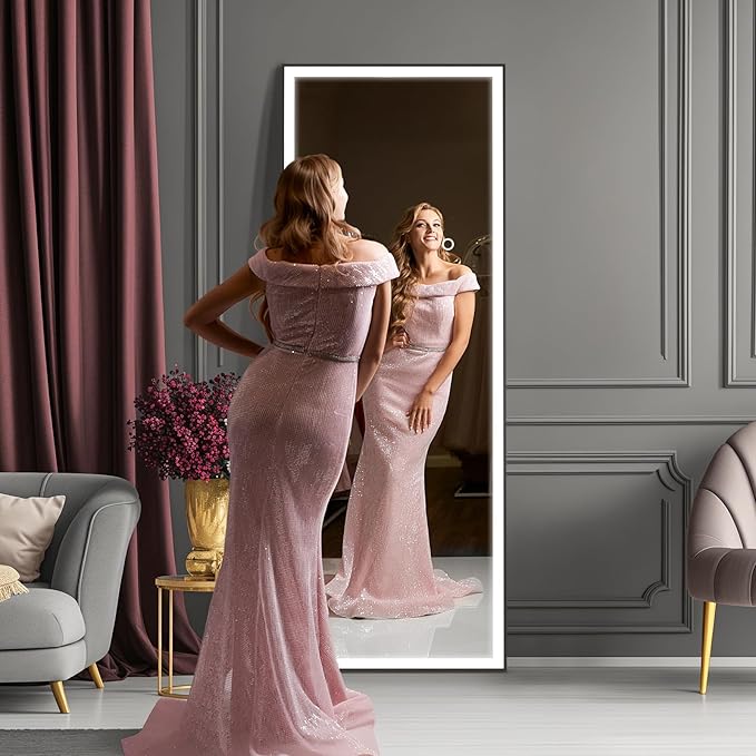 Kosmonia 71x28 Full Length Mirror, Dimmable 3 Color LED Light w/Light Memory, Distortion Free Silver Coating Mirror, HD Reflection &Anti Desilvering,Tempered Glass &Shatter Proof Film Doubles Safety