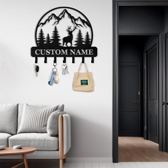 Personalized Key Holder for Wall - Custom Forest Deer Key Rack Hanger with Hooks, Key Holder Wall Mount, Woodland Theme Wall Art Decor Gift, Key Rack Storage for Kitchen, Living Room