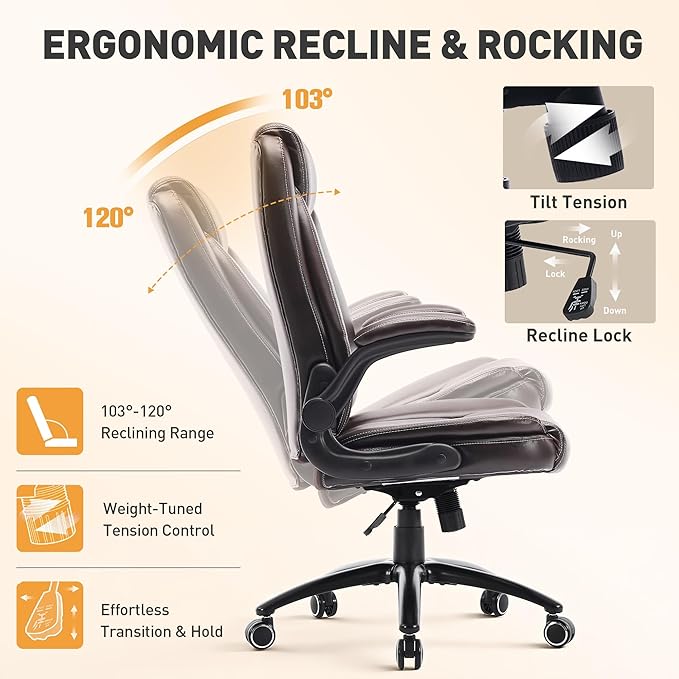 Ergonomic PU Leather Office Chair with Flip-Up Armrests, Reclining Backrest, Adjustable Height & Tilt Tension, Thick Padded Seat, Breathable Leather, 300LBS Capacity Executive Desk Chair,Brown