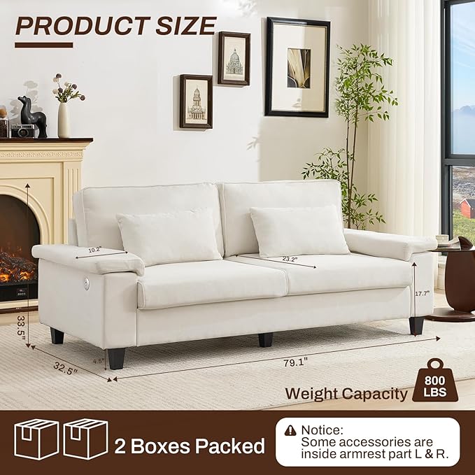 3 Seater Couch for Living Room, 79'' Comfy Deep Seat Sofa with Adjustable Armrests & USB/Type-C Charging Ports, Mid Century Modern Couch for Bedroom, Home Office, White