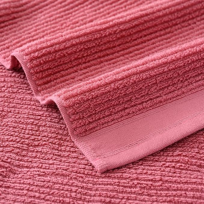 YiLUOMO Pink Hand Towel Set of 2 Ribbed Striped 100% Cotton Quick Dry Soft and Absorbent Bathroom Decorative Hand Towel 13 x 29 Inch