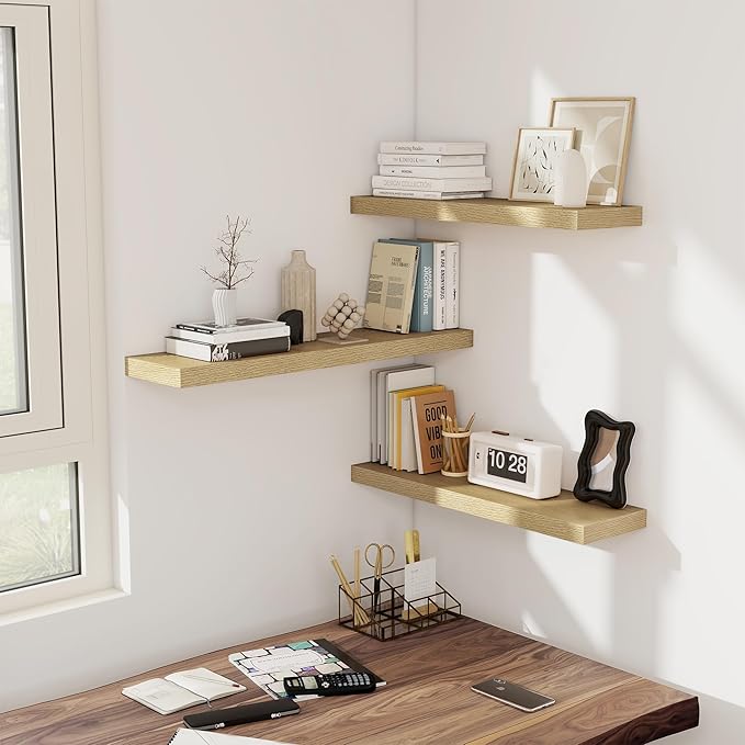 Fun Memories Floating Shelves - 2 Pack 30 Inch Long Rustic Wooden Wall Shelves - 8 Inch Deep Wall Mounted Storage Shelf with Invisible Heavy-Duty Brackets for Books, Bathroom, Kitchen - Oak