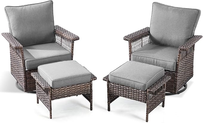 Outdoor Swivel Glider Chairs - 4 Pieces Hollow Widen Armrests Wicker Patio Furniture Set with Ottomans, High Back Outside Swivel Rocker for Balcony Porch Deck and Yard - Brown/Gray