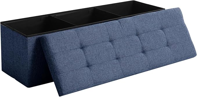 CUYOCA 45.3 Inches Ottoman Bench With 166L Storage Space - Foldable Seat Footrest Shoe Bench for End of Bed - Flipping Lid, Linen Fabric, Navy