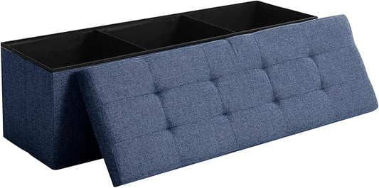 CUYOCA 45.3 Inches Ottoman Bench With 166L Storage Space - Foldable Seat Footrest Shoe Bench for End of Bed - Flipping Lid, Linen Fabric, Navy