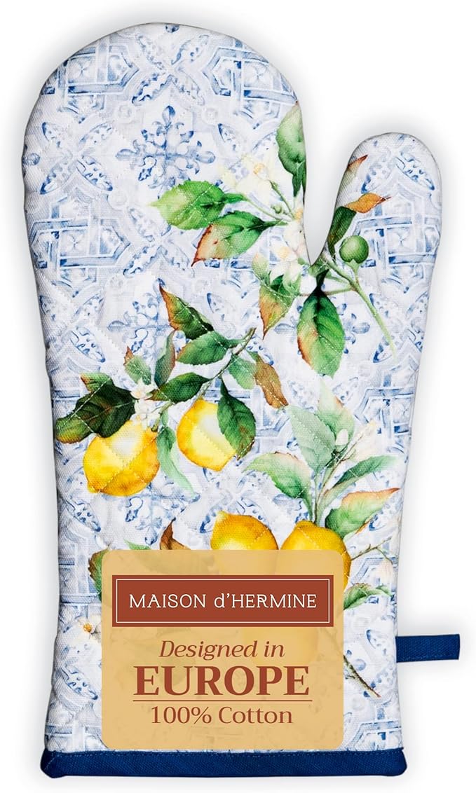 Maison d' Hermine Oven Gloves 100% Cotton Oven Mitt 7" x 13" with Loop Heat Resistant, BBQ, Cooking Gloves, Baking, Grilling, Kitchen, Handling Hot Pans Spring/Summer (Pack of 1, Citrus)