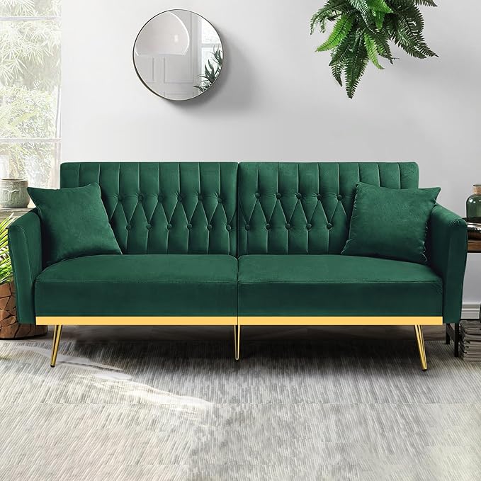 70” Velvet Futon Sofa Bed w/Adjustable Backrests and Armrests, Convertible Futon Couch with 2 Pillows, Modern Tufted Sleeper Bed for Living Room, Bedroom,Green