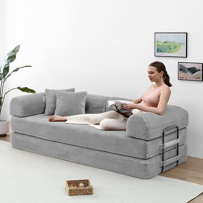 Compression Sofa - 79'' Convertible Sofa Bed, Boneless Couch in a Box, Modular Corduroy Foldable Sleeper Sofa with 2 Pillows, Loveseat Couches for Living Room (Corduroy Fabric, Light Grey)