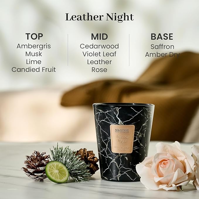 M&SENSE Leather Night Scented Soy Candle, 3 Wick Highly Scented 14.1 Oz 80H, Aromatherapy Christmas Gift for Women and Men