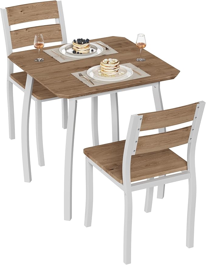 GAOMON Dining Table Set for 2, 3 Piece Small Kitchen Table and 2 Chairs with Metal Frame & Wood Grain Tabletop, Space-Saving for Small Space, Apartment, Kitchen, Dining Room, White/Natural