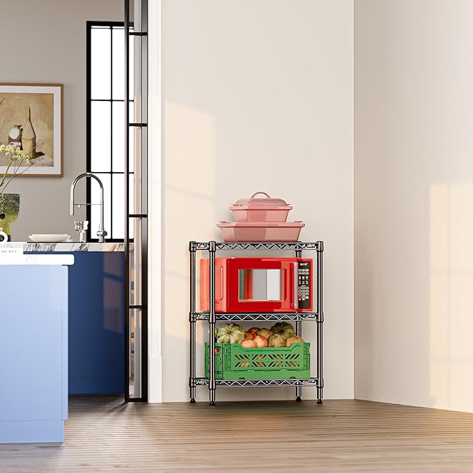 IZEUK 3-Tier Steel Storage Shelves, Heavy Duty Metal Shelf Wire Shelving Rack for Pantry, Kitchen, Living Room, or Office Organization (21.7" W x 11.8" D x 28.6" H, 750LBS, Black)