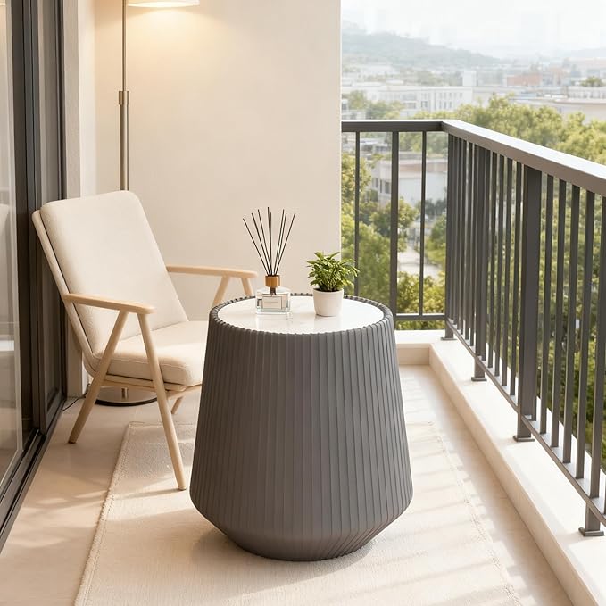 Round Coffee Table Set with Sintered Stone Tabletop, 26.77" White Drum Center Table and 19.68" Grey Coffee Table Set, 2 Pieces Living Room Table Set with Fluted PU Leather Cover& Stable Base