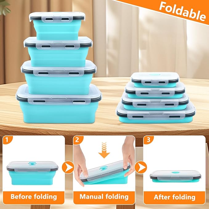 Collapsible Food Storage Containers with Lid & Air Vent, 4 Pack Rectangular Foldable Collapsible Storage Containers Sets, Lunch Bowls for Camping, Travel, Microwave Freezer Dishwasher Safe