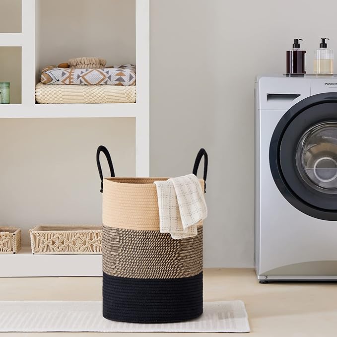 VIPOSCO Large Laundry Hamper, Tall Woven Rope Storage Basket for Blanket, Toys, Dirty Clothes in Living Room, Bathroom, Bedroom - 58L Brown & Black