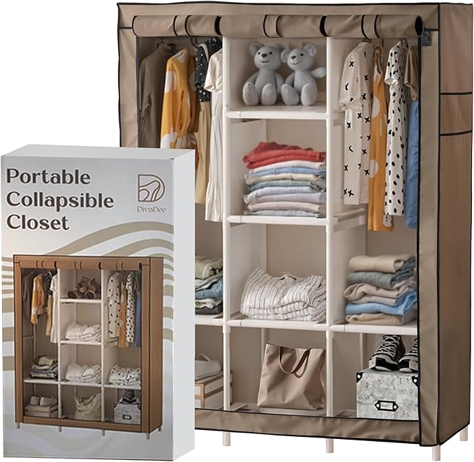 DivaDee Portable Wardrobe Closet with Cover – Freestanding Clothes Organizer with 8 Storage Shelves & Dual Hanging Rods – Spacious Closet for Bedroom, Dorm