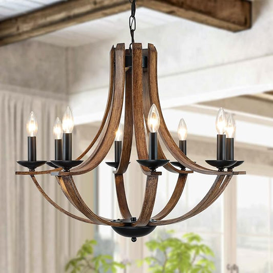 Rustic Farmhouse Dining Room Chandelier Light Fixture, 8-Light 28" Adjustable Chandelier for Kitchen Island, Living Room, Foyer, Staircase, Restaurant, Showroom, Villa, Faux Walnut