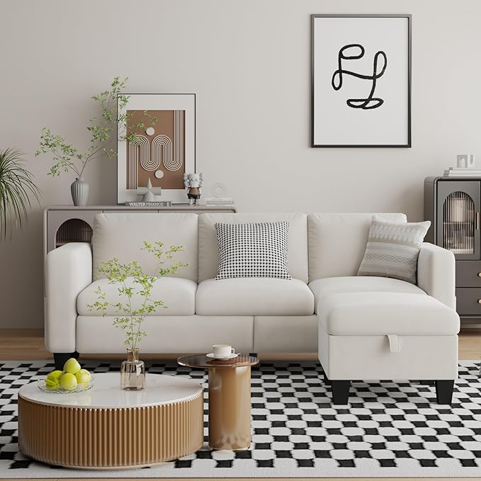 Sectional Sofa Couches for Living Room - 78''Convertible Modular Three-Seater L-Shaped Pet-Friendly Couch,Washable Sofa Cover-Bench Storage, Suitable for Small Living Room, Apartment,Office-White