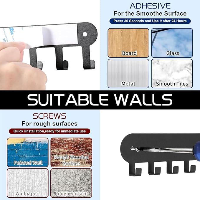 2 Pack Key Holder for Wall,Key Hooks with 10 Hooks,Key Holder Wall Mount Self Adhesive, Key Rack for Wall No Drill for Living Room, Kitchen, Bathroom, Garage (Black)