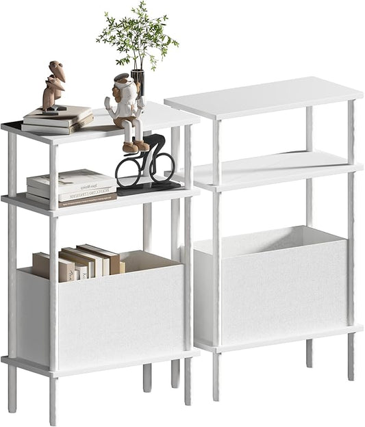 Narrow Side Table with Fabric Basket, Set of 2 End Table for Small Spaces, Slim Nightstand with 3-Tier Storage Shelf, Sofa Beside Table, for Living Room, Bed Room, Natrual White