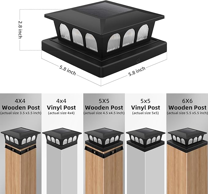 8 Pack Solar Post Cap Lights, Warm White & Cool White Auto On/Off, Waterproof Fence Post Solar Lights for 4x4 5x5 6x6 Wood/Vinyl Posts, Fence, Deck, Patio, Garden Decor (Black)