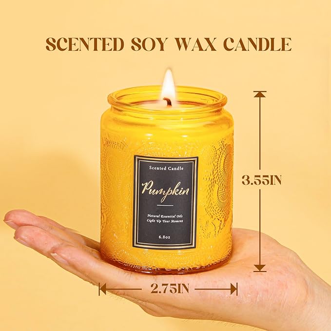 Pumpkin Scented Candle for Home, Luxury Glass Candles Soy Wax, Autumn Aromatherapy Candle Gift, Fall & Halloween Home Decor, 6.8 oz