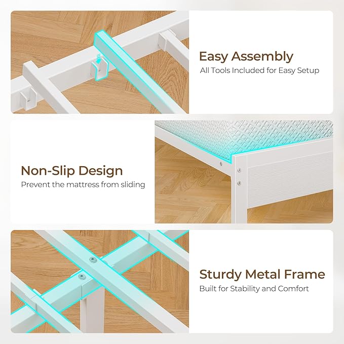 Seventable Bed Frame Full Size with Charging Station, LED Bed with Upholstered Storage Headboard, Metal Platform Bed with Under Bed Storage, No Box Spring Needed, Noise Free, Easy Assembly, White