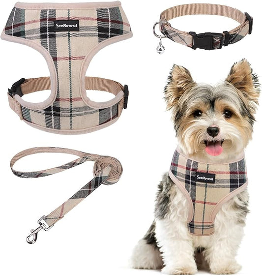 SCENEREAL No Pull Small Dog Harness Collar and Leash Set, Soft Mesh Step in Plaid Puppy Harnesses for Fall Winter, No Chock Adjustible Pet Vest for Outdoor Walking Training and Running, Beige S