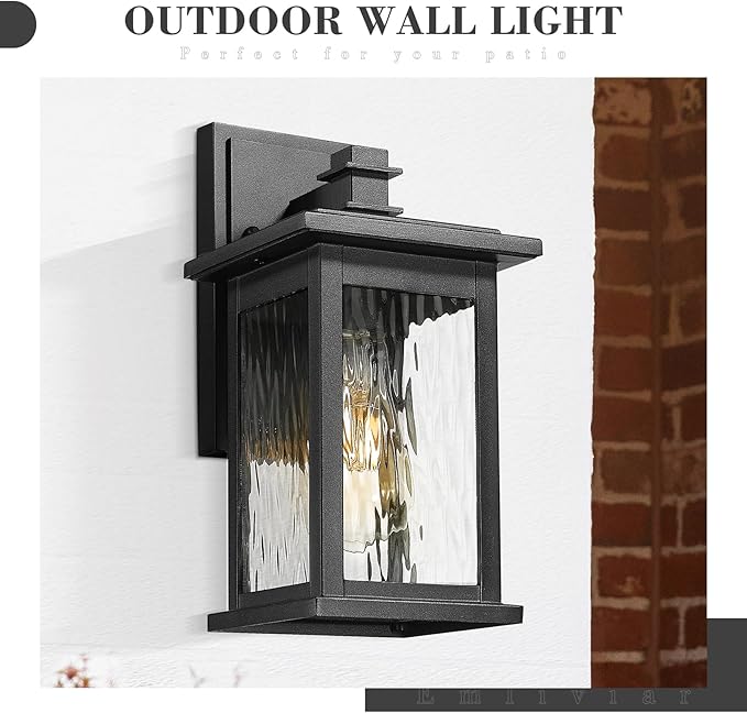 Emliviar 2-Pack Farmhouse Outdoor Wall Lights, 12 Inch Exterior Lights Fixture for House, Black Finish with Water Ripple Glass, 1803EW1-2PK-WP BK