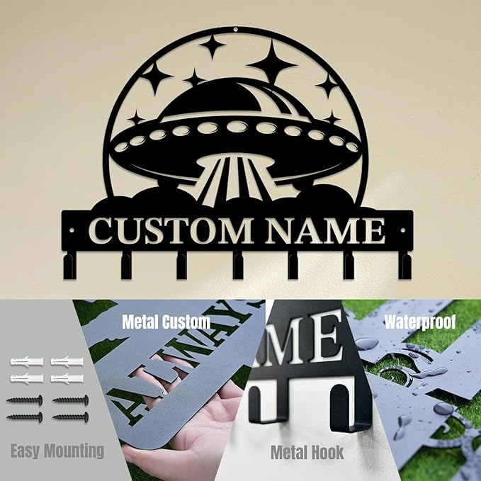 Personalized Custom Alien UFO Metal Wall Keys Hooks,Clothes Hooks Alien UFO Art Coat Racks,Door Holder,Black Alien UFO Decorations for Home,Entrance Doors,Hallway, Bedroom,Keys,Hats (Style F)