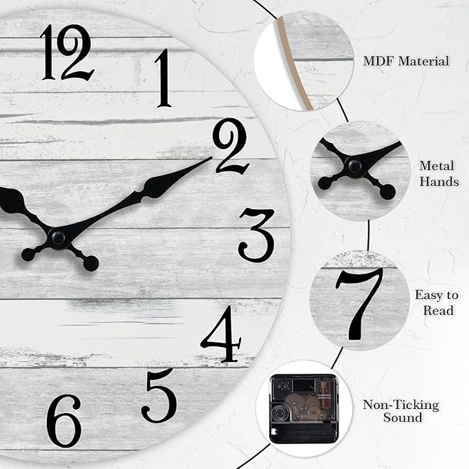 Wall Clock Battery Operated 16 Inch Large Gray Silent Non Ticking Country Rustic Design Vintage Retro Decorative for Bathroom Kitchen Bedroom