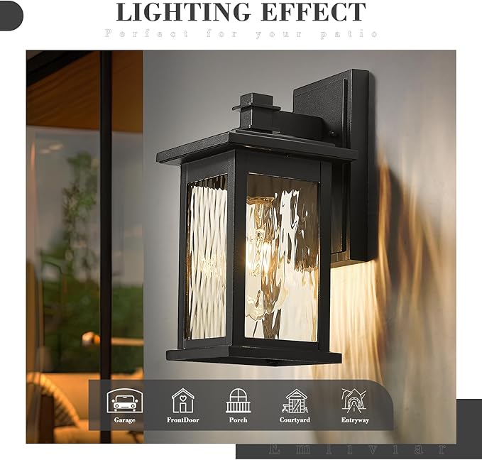Emliviar 2-Pack Farmhouse Outdoor Wall Lights, 12 Inch Exterior Lights Fixture for House, Black Finish with Water Ripple Glass, 1803EW1-2PK-WP BK