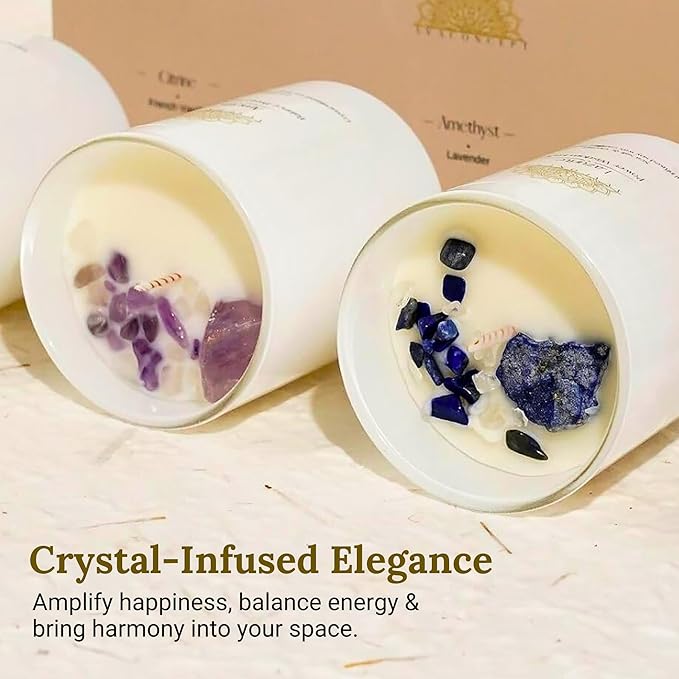 Soy Candles with Crystals - Aromatherapy Scented Candle for Women - Lavender Vanilla Gift Set - Small Wax Melts - 3 Pack 3.5oz