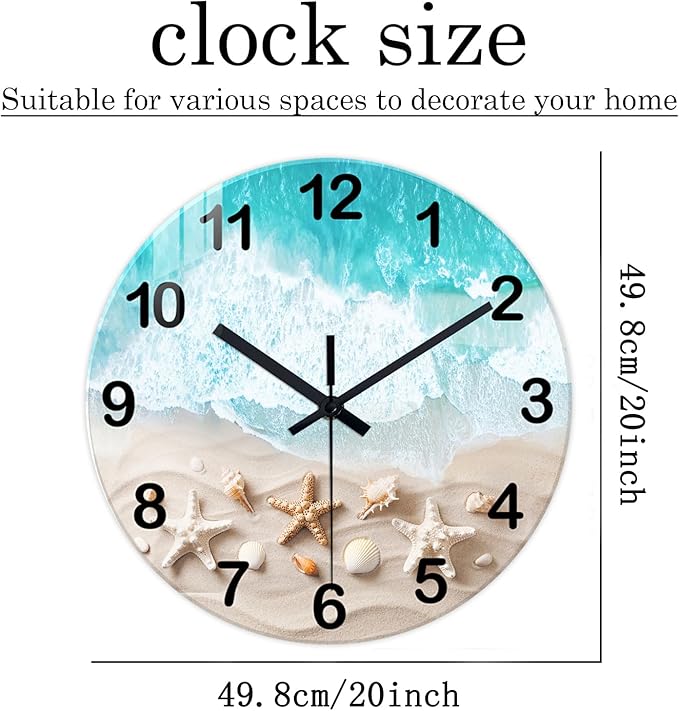 XNM 20 Inch Glass Large Wall Clocks for Living Room Decor Battery Powered Blue Beach Clock Analog Non Ticking Wall Clock Silent