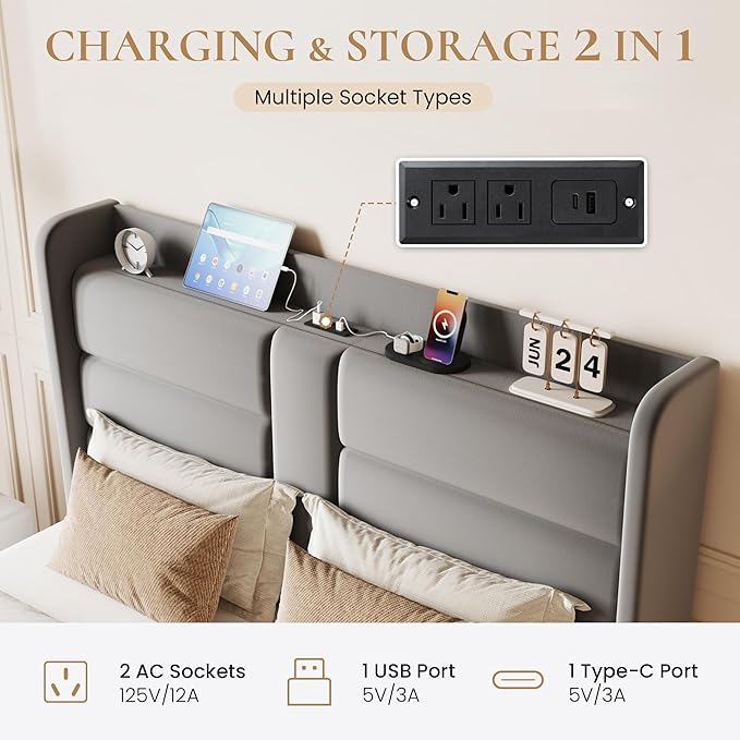 SHA CERLIN King Size Bed Frame with Charging Station & Storage Headboard, Velvet Platform Bed with Upholstered Modern Wingback Design, Wooden Slats Support, No Box Spring Needed, Easy Assembly, Grey