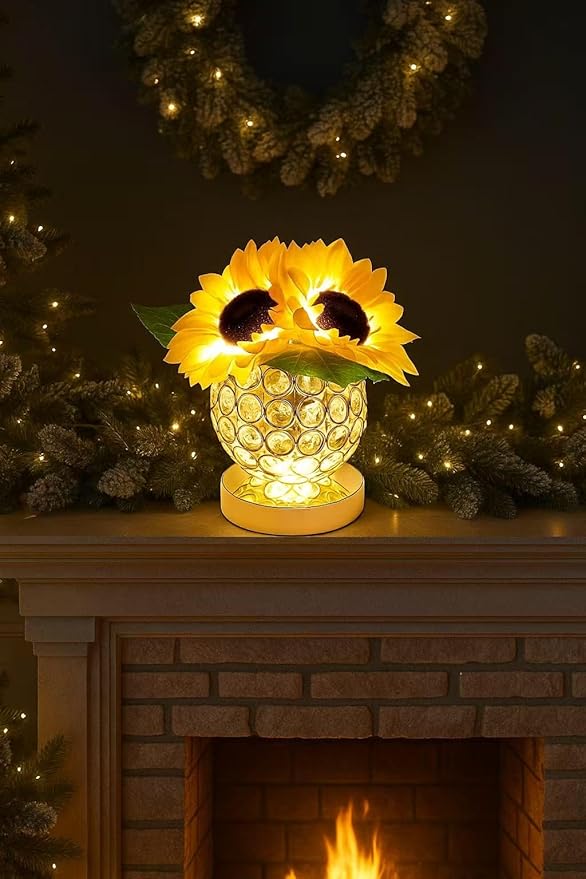 Crystal Cube LED Night Light with Sunflower Vase, USB Rechargeable Table Lamp, 3 Color Modes, Touch Control, Decorative Accent Light for Bedroom, Home (Round Crystal Globe (Sunflower))