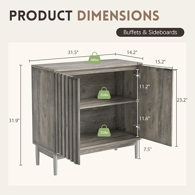 Fluted Cabinet with Storage, Small Buffet Cabinet Sideborad with Door, Kitchen Buffet Storage Accent Cabinets with Adjustable Shelves for Living Room, Entry, Hallway, Gray