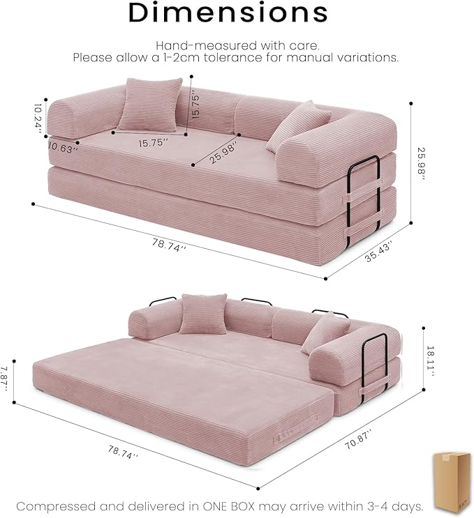 Compression Sofa - 79'' Convertible Sofa Bed, Boneless Couch in a Box, Modular Corduroy Foldable Sleeper Sofa with 2 Pillows, Loveseat Couches for Living Room (Corduroy Fabric, Pink)
