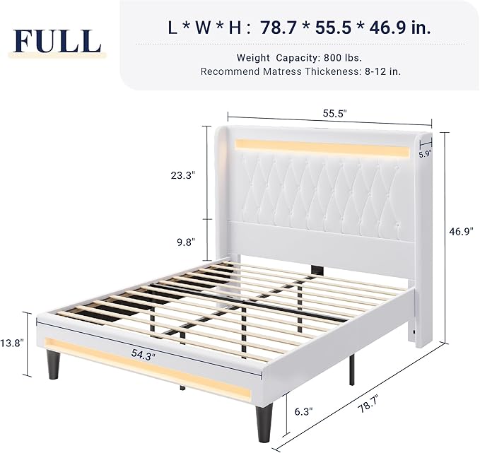Allewie Upholstered Full Size Platform Bed Frame with LED Light and Charging Station, Button Tufted High Headboard, Wingback Design, Noise Free, Easy Assembly, No Box Spring Needed, White